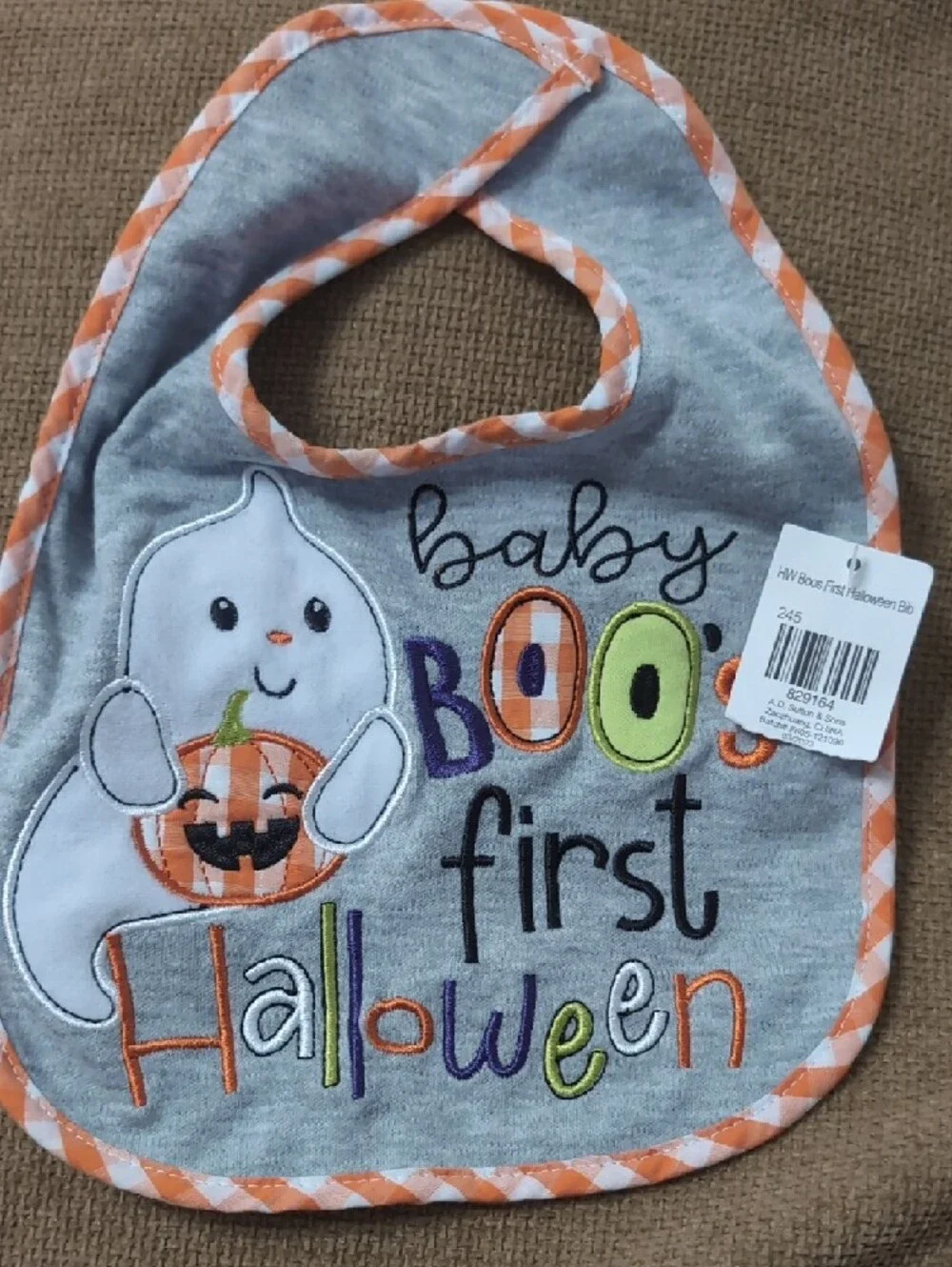 Baby Essentials Gray Halloween Bib with Orange Trim and Multicolor Embroidery